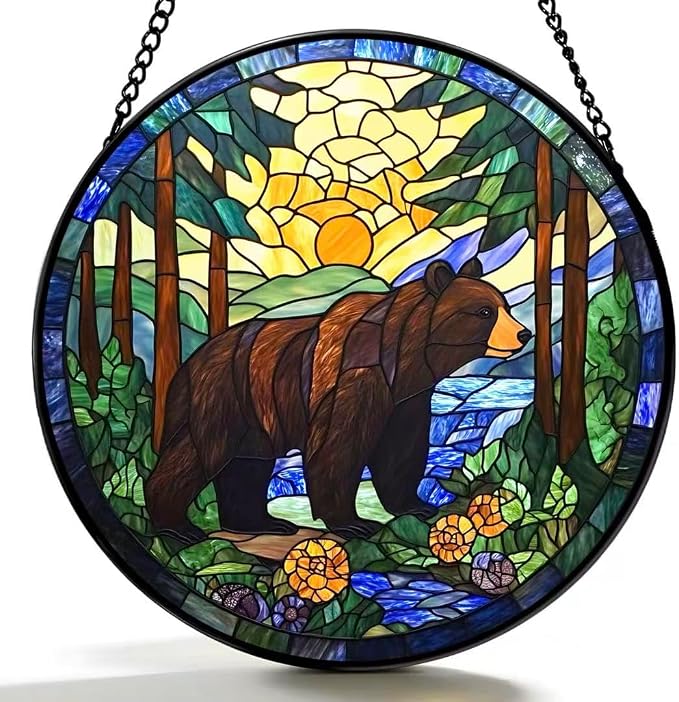 Stained Glass Window Hanging - A Black Bear is Walking in The Forest 6.3 Inches Suncatcher for Garden Home Decor for Women Mom Grandma Friends