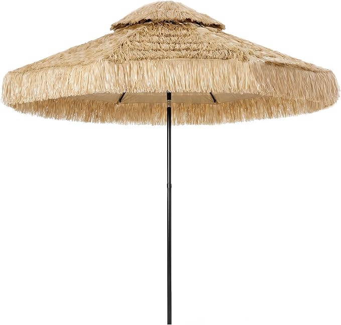Outsunny 8.5 FT Hula Thatched Tiki Patio Umbrella, 2-Tier Tropical Hawaiian Style Outdoor Umbrella with 8 Ribs, UPF30+, for Garden, Backyard, Deck, Pool, Khaki