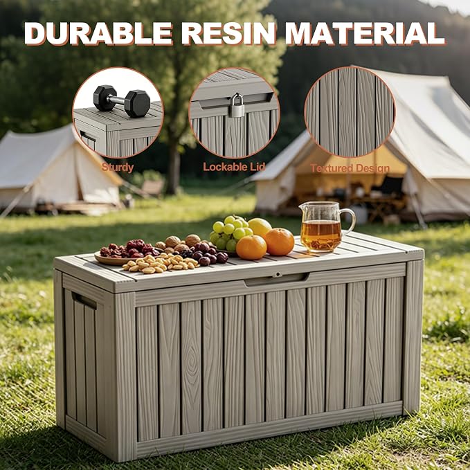 EFU Outdoor Storage Box 140 Gallon Deck Box (Indoor & Outdoor) Lockable UV Resistance Waterproof Resin Storage Bin Storage Box for Outdoor,Patio Storage With Support Rod(Taupe)
