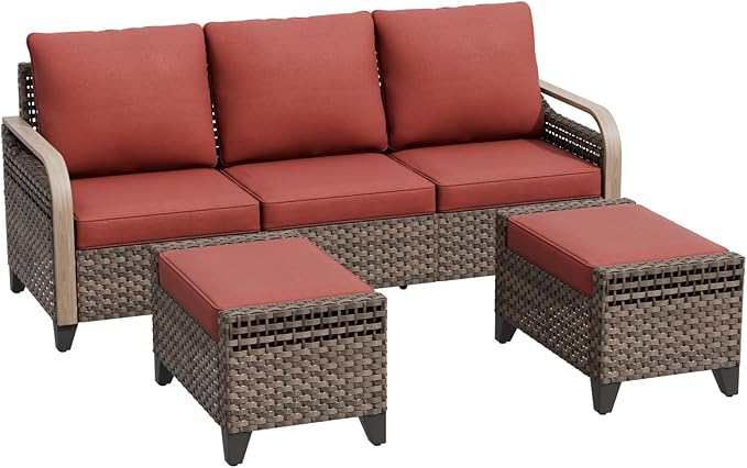 Modern Wicker Patio Furniture Set, Rattan Outdoor Conversation Set with Comfortable Cushions, 3 Seat Couch and 2 Ottomans, 3 Pieces, Brown/Red