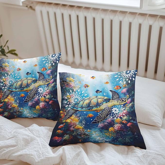 Turtle Waterproof Outdoor Pillow Covers Set of 2 Home Decor, Ocean Fish Coral Underwater World Cartoon Pillowcase Patio Pillow Covers for Couch Bench Furniture Garden 26x26in
