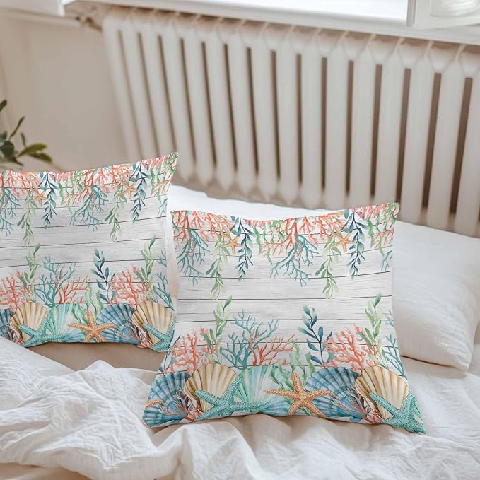 Throw Pillow Covers 26x26 Inch Set of 2, Summer Coastal Waterproof Outdoor Pillow Covers, Nautical Sea Coral Shell Starfish Wood Gray Decorative Cushion Pillowcases for Couch, Sofa, Bed, Garden, Patio
