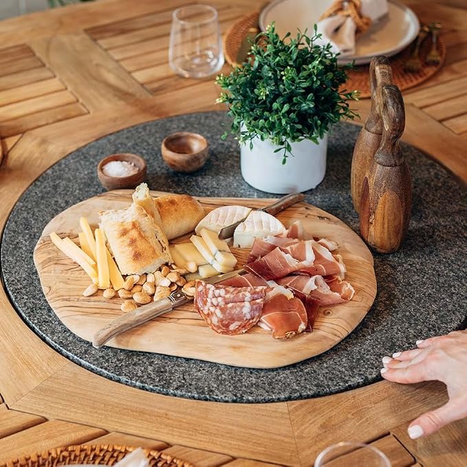 Ash & Ember Grade A Teak 59" Round Dining Table with Granite Lazy Susan, Turntable Rotating Tray Serving Plate, Slatted Surface with Umbrella Hole, Fits 4 People Comfortably, Weather-Resistant