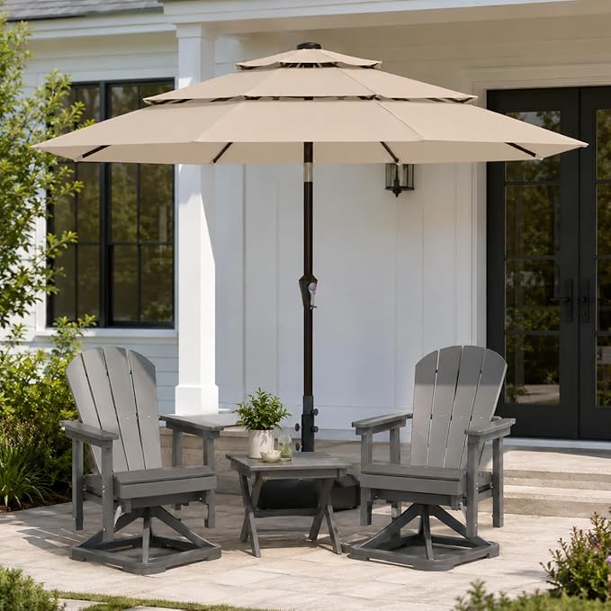 10ft Patio Umbrella, 3-Tier Vented Outdoor Table Umbrella with 8 Sturdy Fiberglass Ribs, Windproof Market Umbrella with Push Button Tilt and Crank, UV Protection for Deck, Pool, Beige
