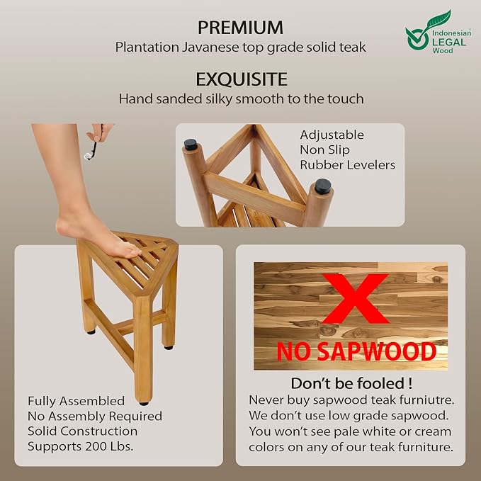 Asta Biro Solid Teak Shower/Bath/Spa Corner Foot Stool, Bath Corner Side Table, Fully Assembled, SpaTeak Collection, TB-008