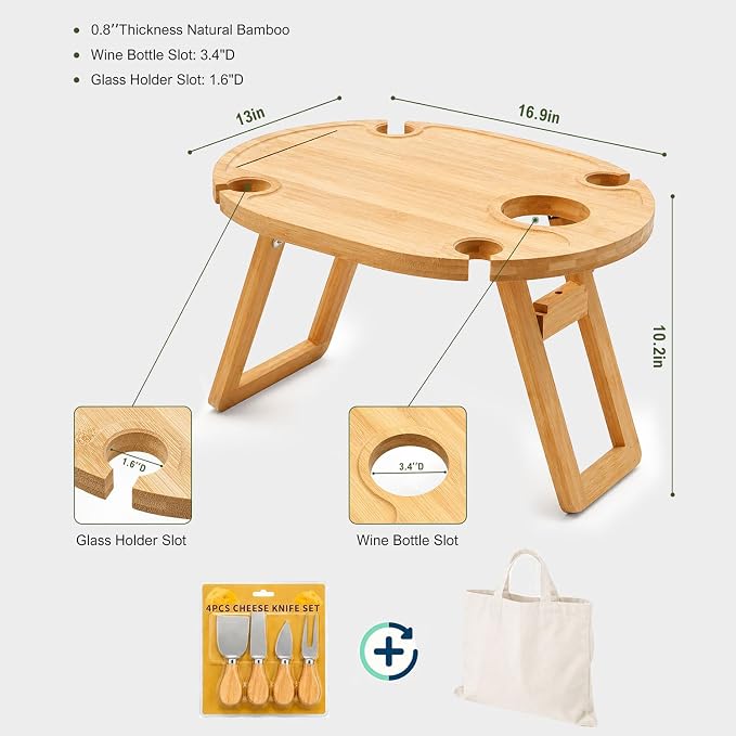 Wine Picnic Table with 4 Glass Holders, Small Portable Picnic Beachtable, Foldable Bamboo Outdoor Charcuterie Table, Low Picnic Snack Tray for Camping, Beach, Includes Cheese Knife Set & Tote Bag