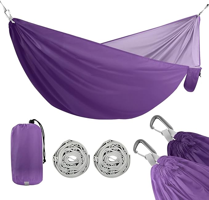 Purple Solid Color Camping Hammock, Portable Lightweight Single Hammock with Tree Straps and Aluminum Carabiners, 114" x 54" Travel Hammock for Hiking Backpacking Beach