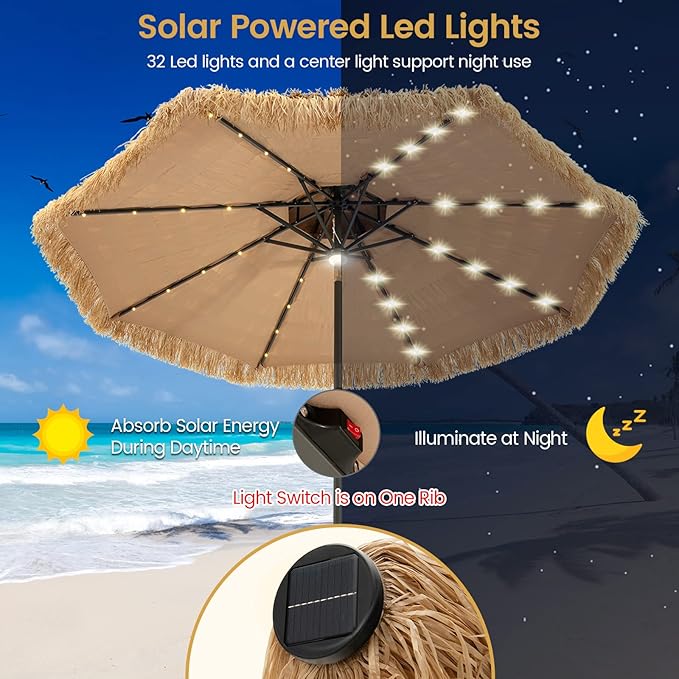 Tangkula 9 ft Thatched Patio Umbrella, 2 Tier Hawaiian Style Grass Beach Umbrella with 32 Led Lights, Center Light, Solar Tiki Umbrella with 8 Ribs, Tilt Adjustment, Manual Crank for Backyard Pool