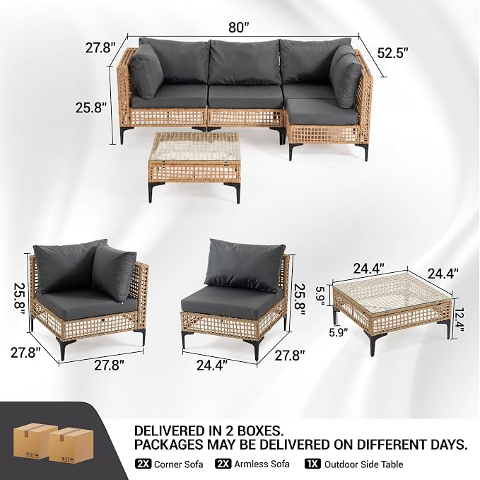 5-Piece Outdoor Wicker Patio Sectional Furniture Set, Grey | 4-Seat, PE rattan, All weather performance, Patio onversation set, for Backyard Porch Poolside Deck