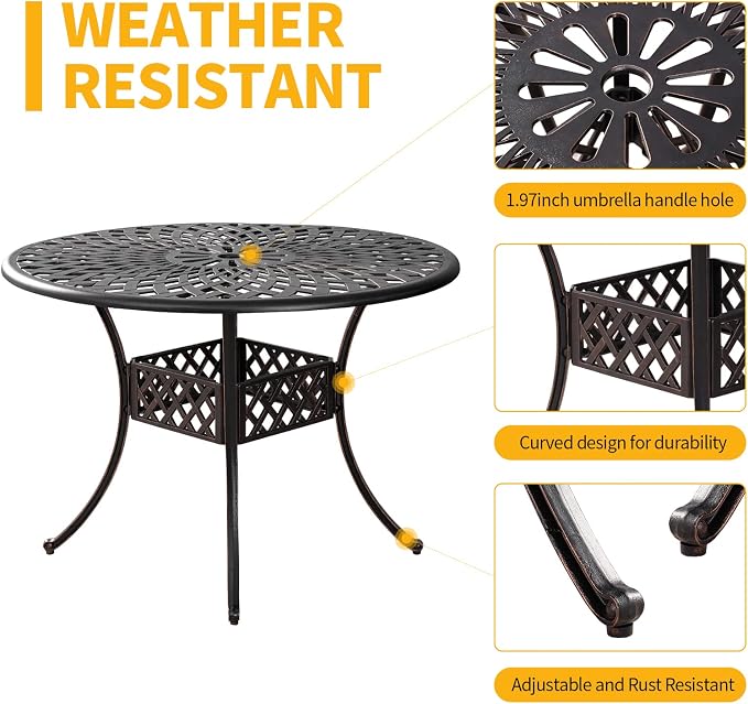 42 Inch Cast Aluminum Round Patio Table,Outdoor Patio Dining Table with 1.97" Umbrella Hole,All Weather Bistro Table for Garden,Bronze