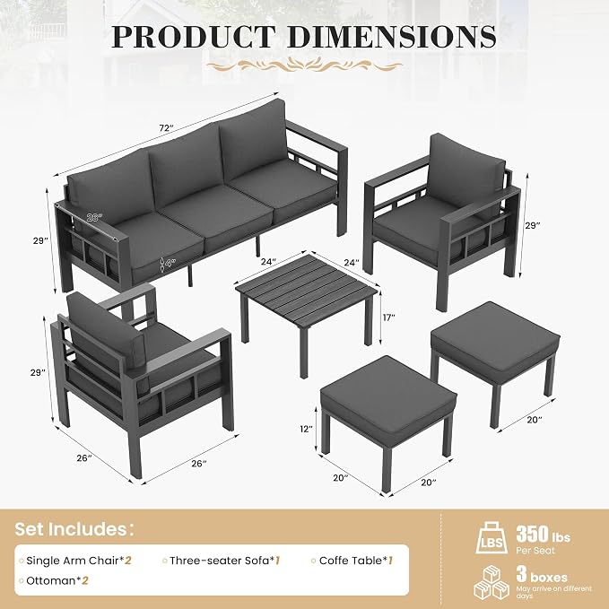 UDPATIO Aluminum Outdoor Furniture, Patio Chairs Set of 2 | With Outdoor Table, All-Weather & UV-Resistant, Washable Cover for Deck, Backyard, Poolside, Dark Gray
