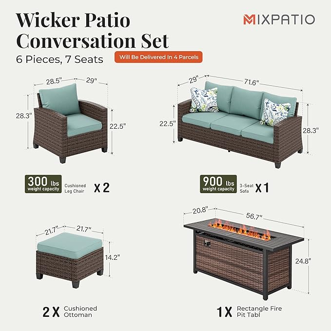 Patio Furniture Set, 6 Pcs Wicker Rattan Outdoor Conversation Set, 2 x Leg Chairs, 1 x 3 Seater Sofa and 2 x Ottoman with 4" Thick Cushion and 56" Fire Pit Table, Blue