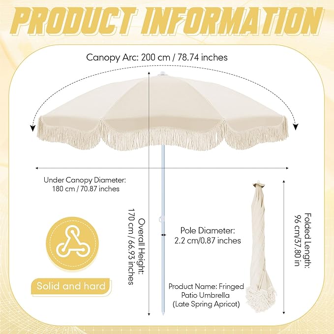 6.5ft Patio Umbrella with Fringe, UPF 50+ UV Boho Outdoor Beach Umbrella with Carry Bag, UV Protection Sun Shade with Tassels for Garden, Deck, Backyard, Poolside Decor