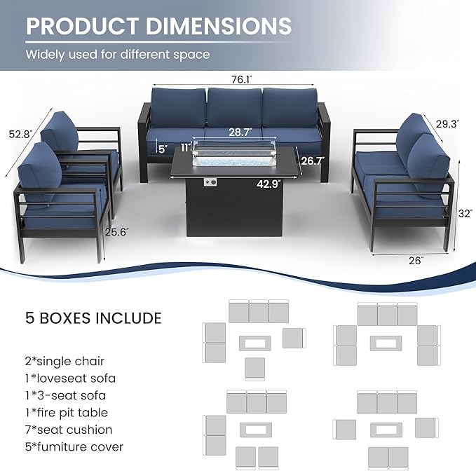 Amopatio Patio Furniture with Fire Pit, 8 Pcs Aluminum Outdoor Metal Patio Sofa Sets with Aluminum Fire Pit Table,Dark Grey&Blue(Included Waterproof Covers)