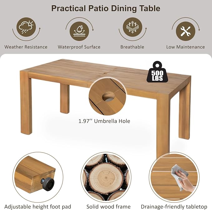 SOOWERY 6-Piece Patio Dining Set, Acacia Wood Outdoor Furniture Set with Rectangular Table, 4 Chairs and 1 Bench with Cushions, Umbrella Hole for Backyard, Garden, Poolside (Light Teak+Beige Cushion)