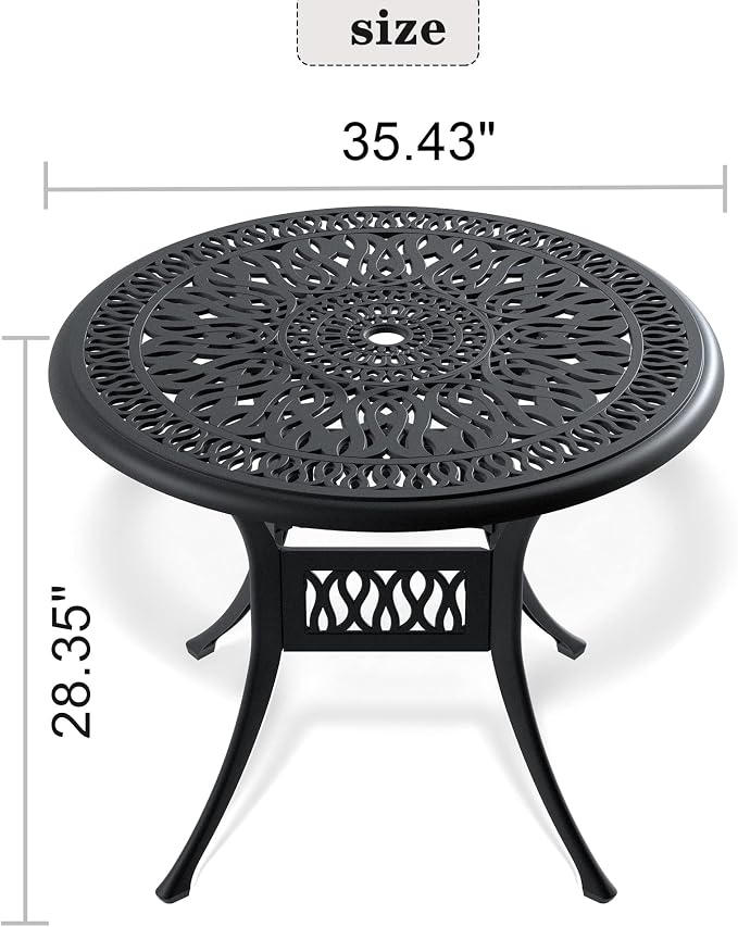 IRONORA 35 Inch Outdoor Dining Table Cast Aluminum, Patio Round Bistro Table with Umbrella Hole for Backyard, Garden, Patio, Porch, Poolside