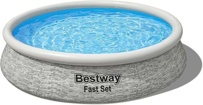 Bestway Fast Set 12' x 30" Round Inflatable Above Ground Swimming Pool Set, Stacked Stone Exterior Outdoor Family Pool with Filter Pump, Gray