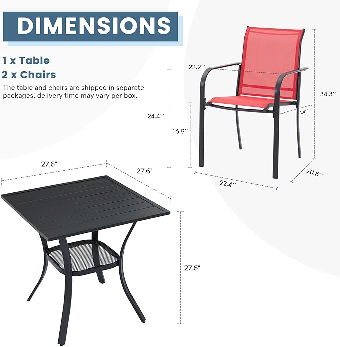 DIFY 3-Piece Outdoor Patio Bistro Dining Set, Black Small Square Dining Table & 2 Red Stackable Metal Chairs with Breathable Fabric, Outdoor Furniture Set for Balcony, Porch, and Deck