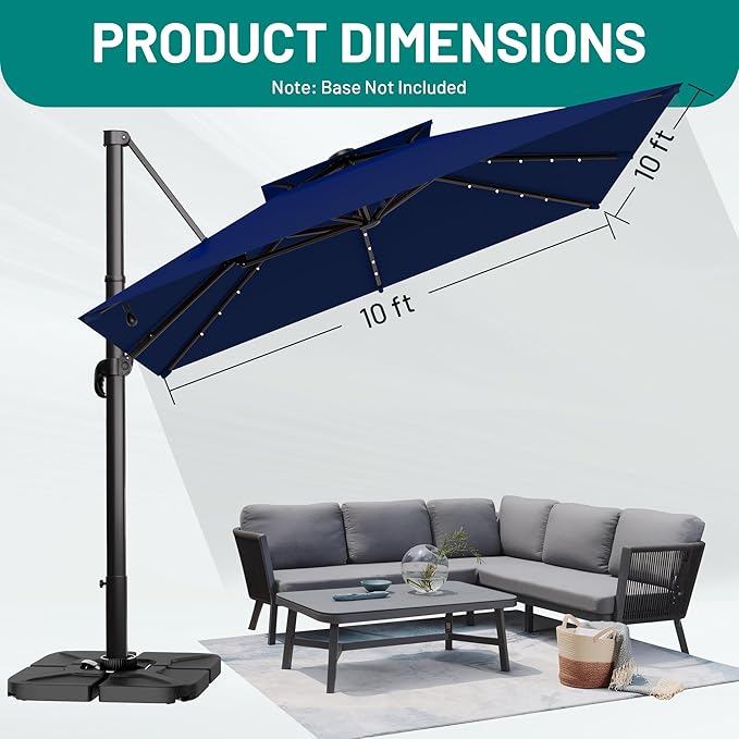 AreShark 10×10FT Solar LED Cantilever Umbrella, Double-Top Outdoor Patio Offset with 360 Degree Rotation, Square Offset Hanging Umbrella for Garden Deck Pool, Navy