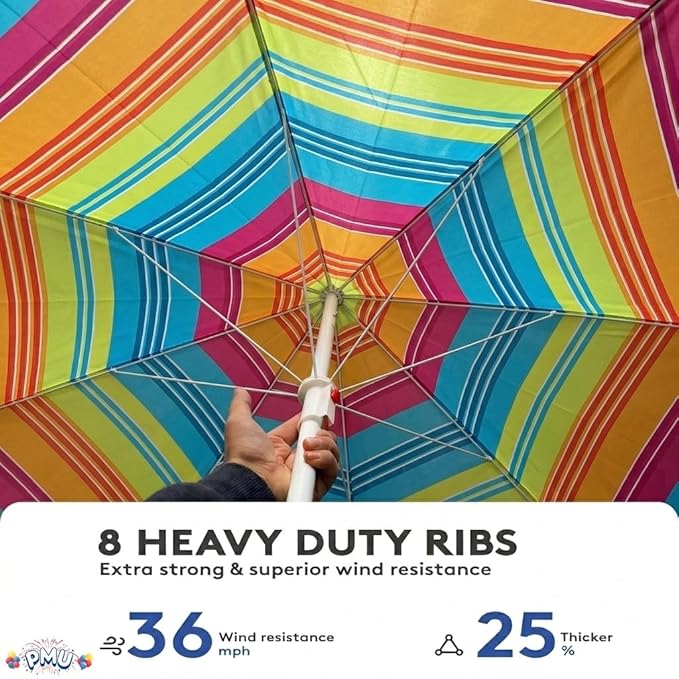 PMU 24 Pcs 6ft Multicolored Beach Umbrella – Vibrant Rainbow Stripe Design, 72in Open, 160G Polyester, Large Outdoor Patio Pool Parasol Umbrella for Garden, Deck, Backyard & Pool