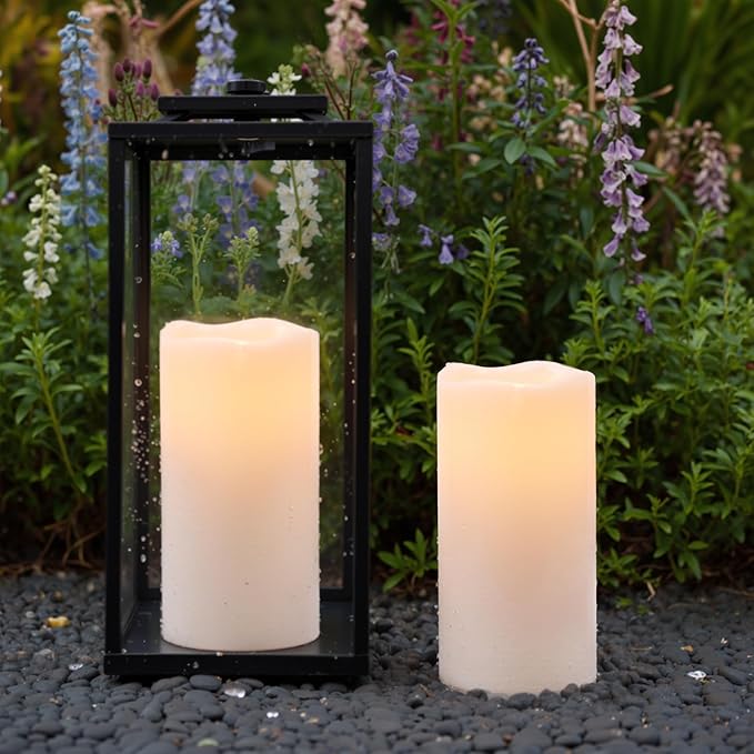 GenSwin Waterproof Outdoor Flameless Candles Battery Operated with Remote Timer, 4" x 8" Large LED Pillar Candles Flickering for Indoor Outdoor Lanterns, Long-Lasting, Waterproof (White, Set of 2)