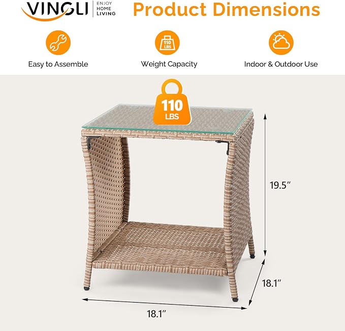 VINGLI Outdoor Wicker Side Table Patio Side Tables for Outside, Tempered Glass Top Wicker Table with Storage End Table for Balcony Porch Deck (Natural)