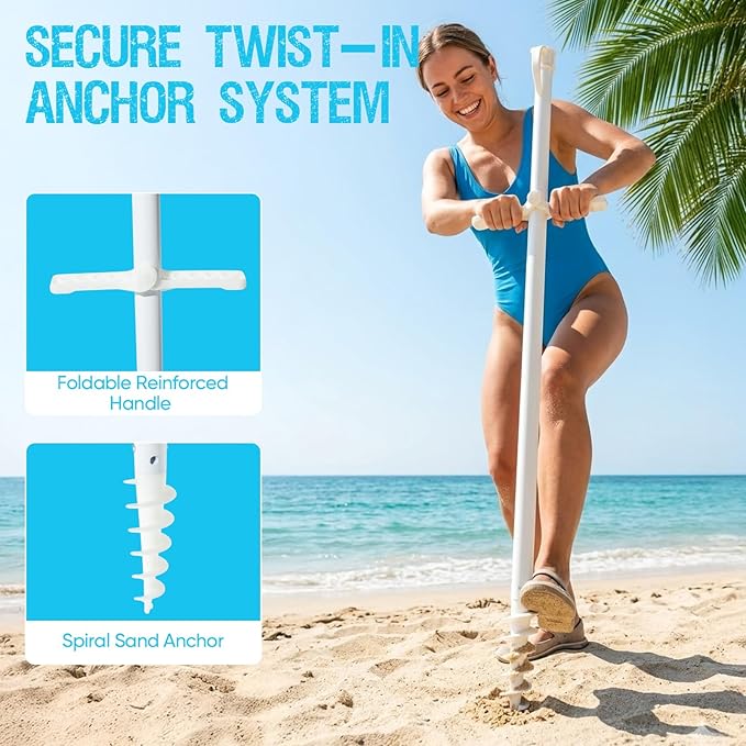 Old Bahama Bay 8ft Beach Umbrella with Screw Sand Anchor & Tilt Mechanism, UPF 50+ UV Protection, Windproof Heavy Duty Portable Sun Shelter with Carry Bag for Patio, Garden, Pool & Backyard, Teal/Blue