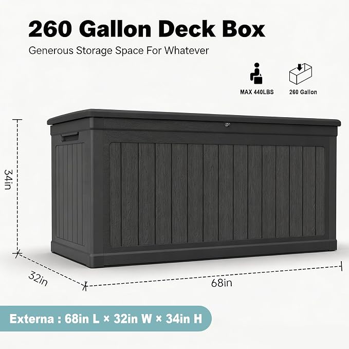 MOCUTEEN 260 Gallon Deck Box, Large Storage Bins with Lids for Furniture, Patio Cushion, Toy Storage, Lockable and Waterproof Storage Container With Support Rod, Black
