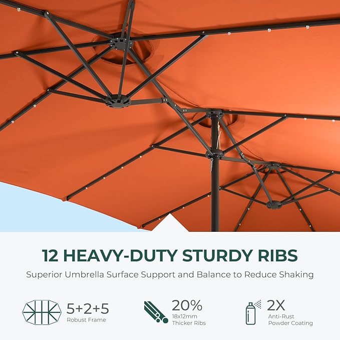 HOMSHADE Double Sided Patio Umbrellas - 13ft Solar Lights LED Lighted Outdoor Extra Large Market Table Umbrella with Base Included, Oversized Umbrella for Deck, Pool, Backyard