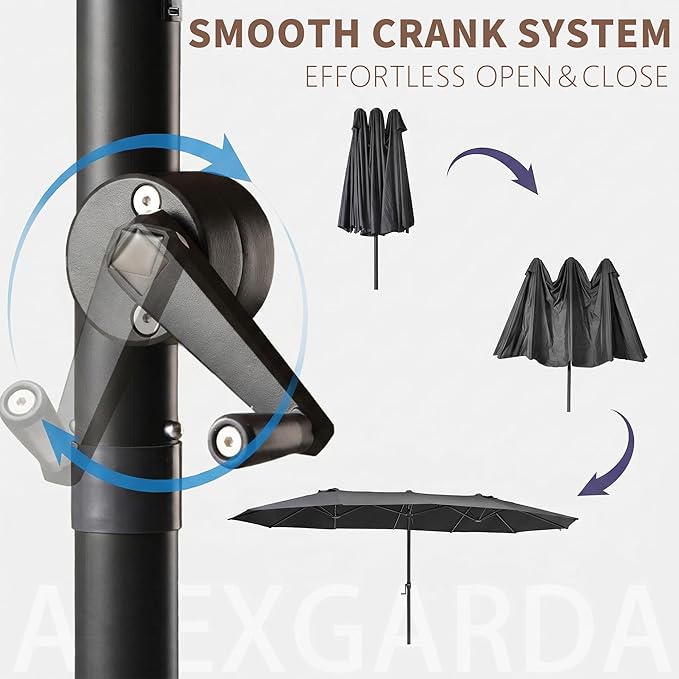 15FT Large Double Sided Patio Umbrella, Aluminum Crank and Heavy Duty Carbon Steel Ribs Outdoor Umbrellas, Fade Resistant Rectangular Market Umbrella for Poolside, Deck, Commercial, Backyard, Patio, Rental, Lawn, Dark Gray