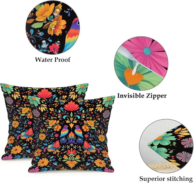 16x16 Inch Outdoor Pillow Covers Set of 2 Waterproof Throw Pillow Covers Decorative Couch Cushion Covers Mexican Birds Flower Square Pillowcases Protectors for Patio Garden Sofa