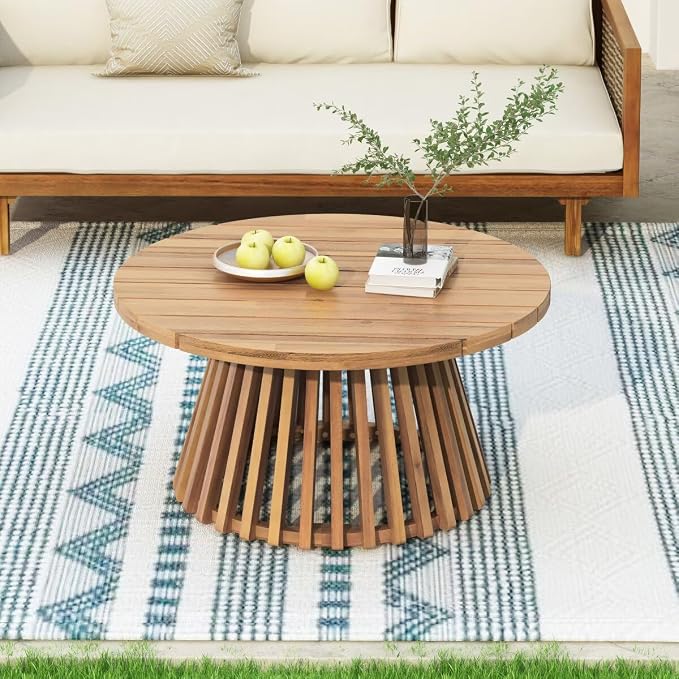 JIJIWANG 31.5" Outdoor Acacia Wood Patio Coffee Table for 2-4 Person, Round Coffee Table for Backyard, Lawn, Balcony, Light Teak