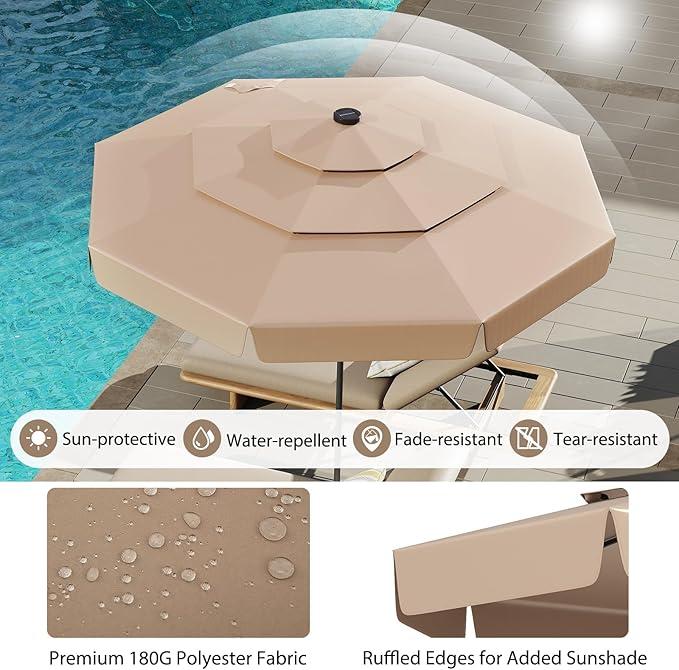 Tangkula 10 FT Solar LED Patio Umbrella, 3-Tiers Scalloped Outdoor Table Market Umbrella with 32 LED Lights, Tilt Adjustment, Crank, 8 Sturdy Ribs for Pool, Deck, Backyard (Tan)