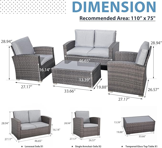 JOIVI Patio Furniture Set, 4 Piece Outdoor Patio Conversation Set, All-Weather PE Rattan Wicker Sectional Patio Sofa Set with Tempered Glass Coffee Table, Light Gray