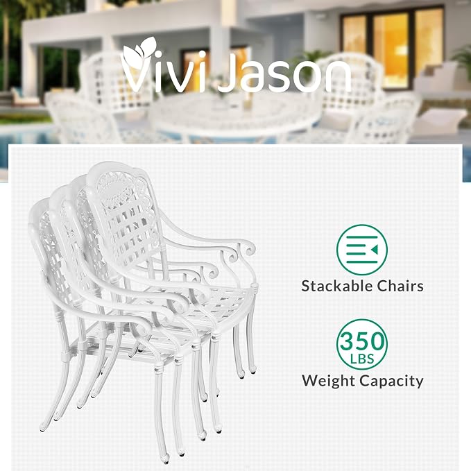 VIVIJASON 9-Piece Patio Furniture Dining Set, Rust-Free Cast Aluminum Outdoor Conversation Set, Include 8 Chairs and an Oval Table with Umbrella Hole for Balcony Lawn Garden Backyard, White