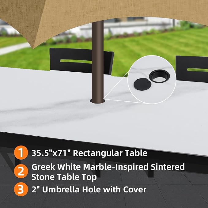 7PC Aluminum Outdoor Patio Dining Set, 71" Rectangular Dining Table with White Marble Pattern Sintered Stone Top, 4 Chairs & 2 Cushioned Swivel Rockers, All-Weather Patio Furniture