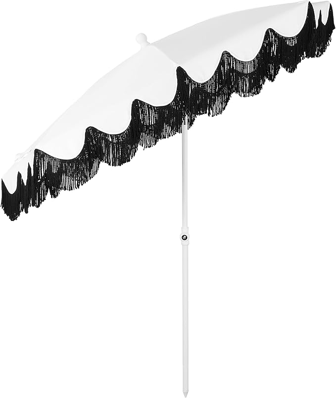 JONATHAN Y Mariner 6.5 ft. Beach Umbrella, White Solid with Fringe, Push-Button Tilt, UPF 50+ Sun Protection and Carrying Bag for Patio and Pool, White Pole UMB1005U