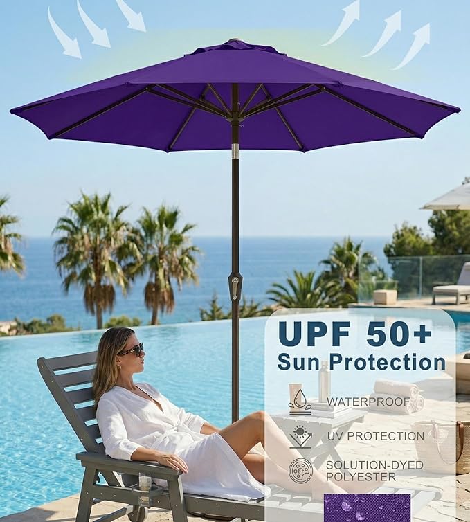 PatioKingdom Auto-Tilt 9FT Patio Umbrella Outdoor with 8 Sturdy Fiberglass Ribs,Market Table Umbrella for Pool,Backyard,Deck and Garden