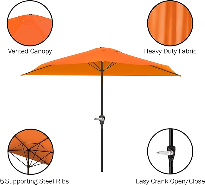 Half Umbrella Outdoor Patio Shade - 9 ft Patio Umbrella with Easy Crank and 20lb Weighted Base - Small Canopy for Balcony, Table, or Deck by Pure Garden (Terracotta)