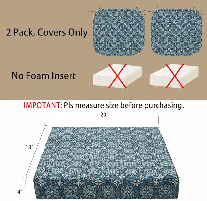 Magpie Fabrics Indoor Outdoor Cushion Cover Replacement 2 Pack, NO Insert! Water Repellent Slipcover with Ties Decor for Patio Garden Chair Seat Sofa Bench Wicker(Morgan Medal Blue, 20x18x4 Inch)
