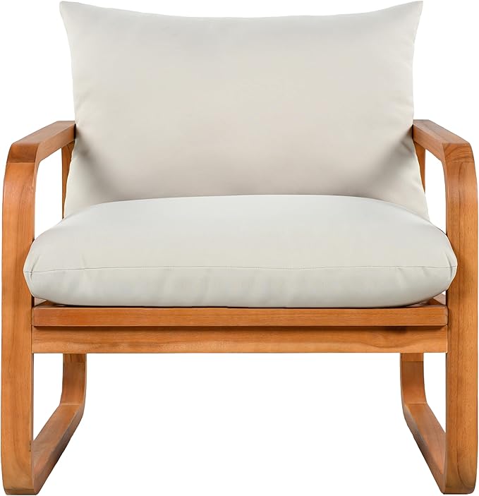 Merax Outdoor 4-Piece Acacia Wood Conversation Set - Patio 2-Seat Loveseat Sofa w/Cushion, 2 Armchair and Square Coffee Table for Backyard, Lawn, Balcony, Beige + Natural