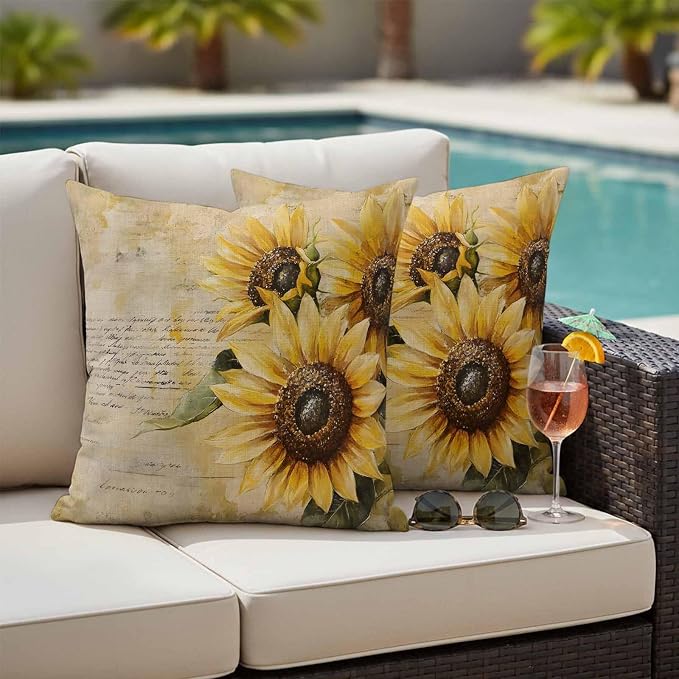 Retro Sunflower Outdoor Waterproof Throw Pillow Covers Set of 2, 24"x24", Pastoral Floral Painting Newspaper Background Decorative Pillow Covers Outside Cushion Case for Patio Porch Garden