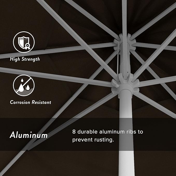 California Umbrella 12-Year Protection 9' Rd Aluminum Patio Umbrella, Crank Lift, Auto Tilt, White Finish, Sunbrella Cocoa