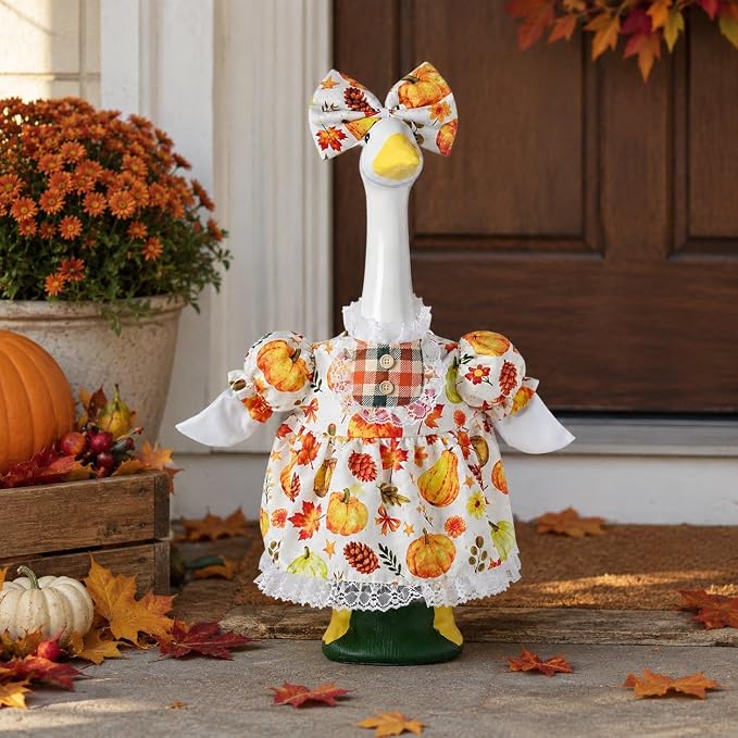 STONESTAR Fall Porch Goose Outfits Autumn Goose Clothes with Pumpkin Dress Bow Headband, Fits 23 Inch Cement Plastic Geese Statues, Thanksgiving Goose Costume for Yard Patio Lawn Outdoor Decor