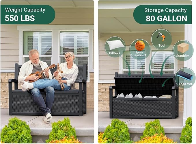 80 Gallon Outdoor Storage Box, Deck Box with Waterproof and UV Resistant, Resin Patio Furniture with Lockable for Garden Tools and Pool Supplies, Black
