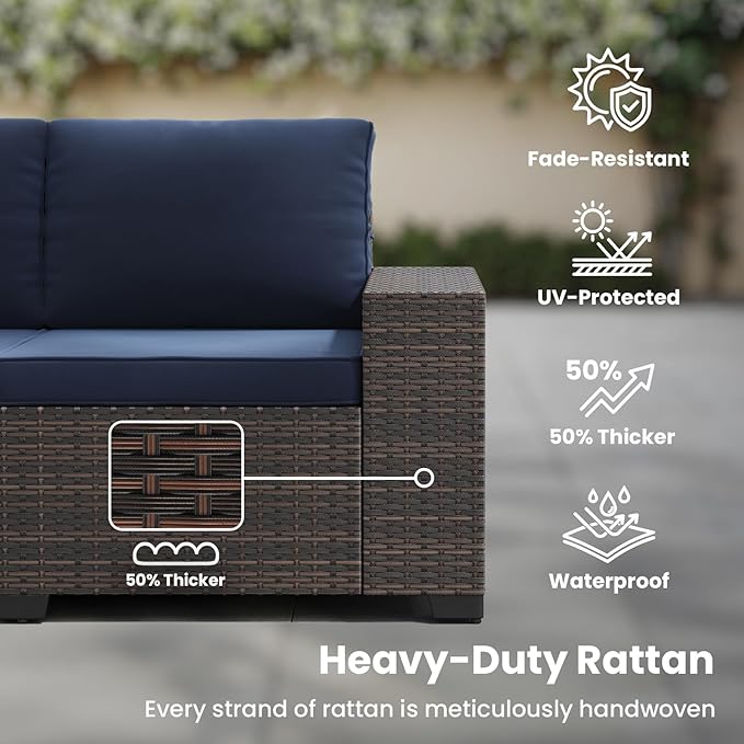Soohow 7-Piece Patio Furniture Set with 44" Fire Pit Table, Outdoor Sectional Wicker Rattan Conversation Set for Garden, Porch, Backyard - Navy Blue Cushions