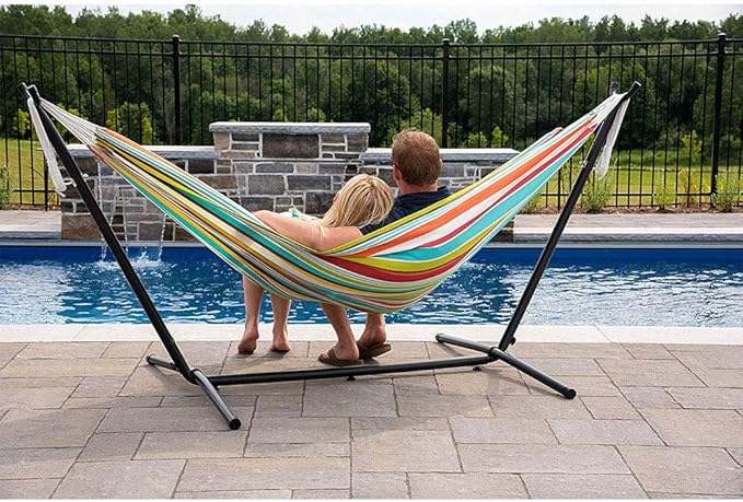 Vivere Double Polyester Easy Assemble Outdoor Hammock with Steel Stand, Ciao