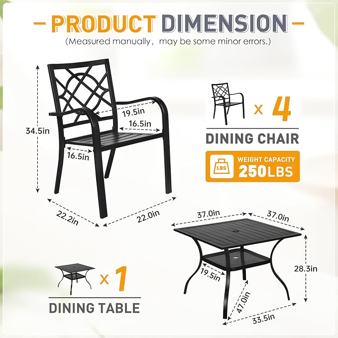 Incbruce 5 Piece Outdoor Dining Set, Wrought Iron Patio Dining Set with 4 Chairs and 1 Square Table (1.57" Umbrella Hole) for Garden, Backyard