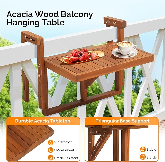 VINGLI 22in Acacia Wood Folding Balcony Hanging Table – Adjustable Height & Width, Balcony Railing Table Ideal for Different Railing Widths,Perfect for Balcony,Patio,Rectangular,Natural Wood Color