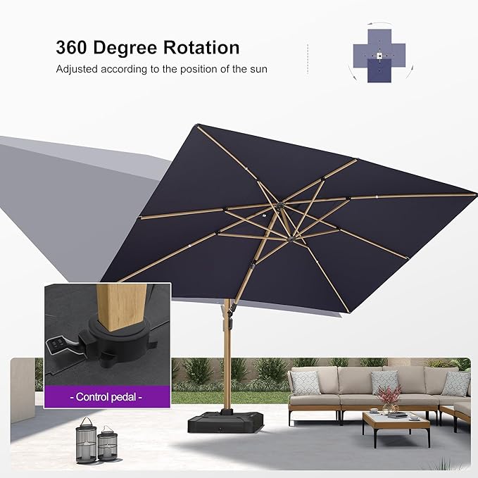 PURPLE LEAF 10‘ x 13’ Rectangle Patio Cantilever Umbrella Large Hanging Umbrella Teak Finished Aluminum Frame Windproof Offset Outdoor Sun Umbrellas for Beach Pool Deck, Navy Blue